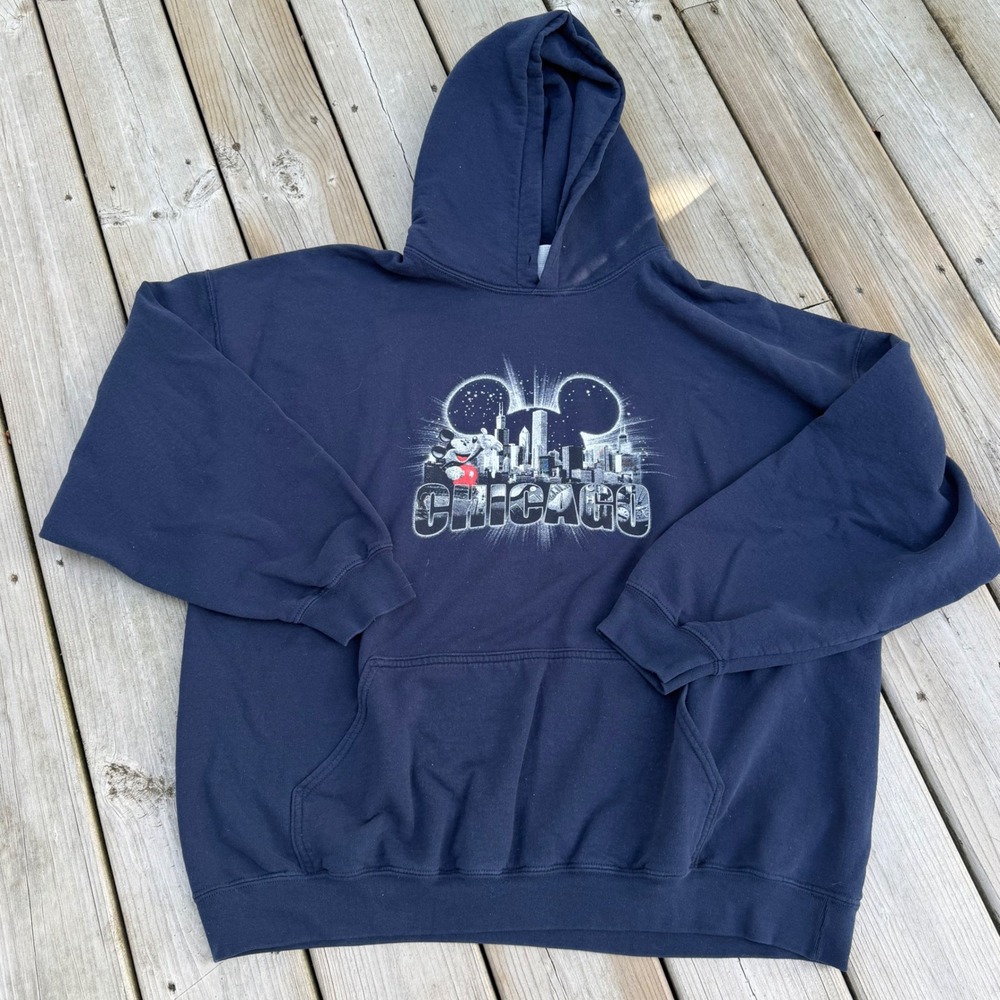 Disney Mickey Mouse Chicago Skyline Graphic Hoodie Navy Blue XL Mens Sweatshirt
